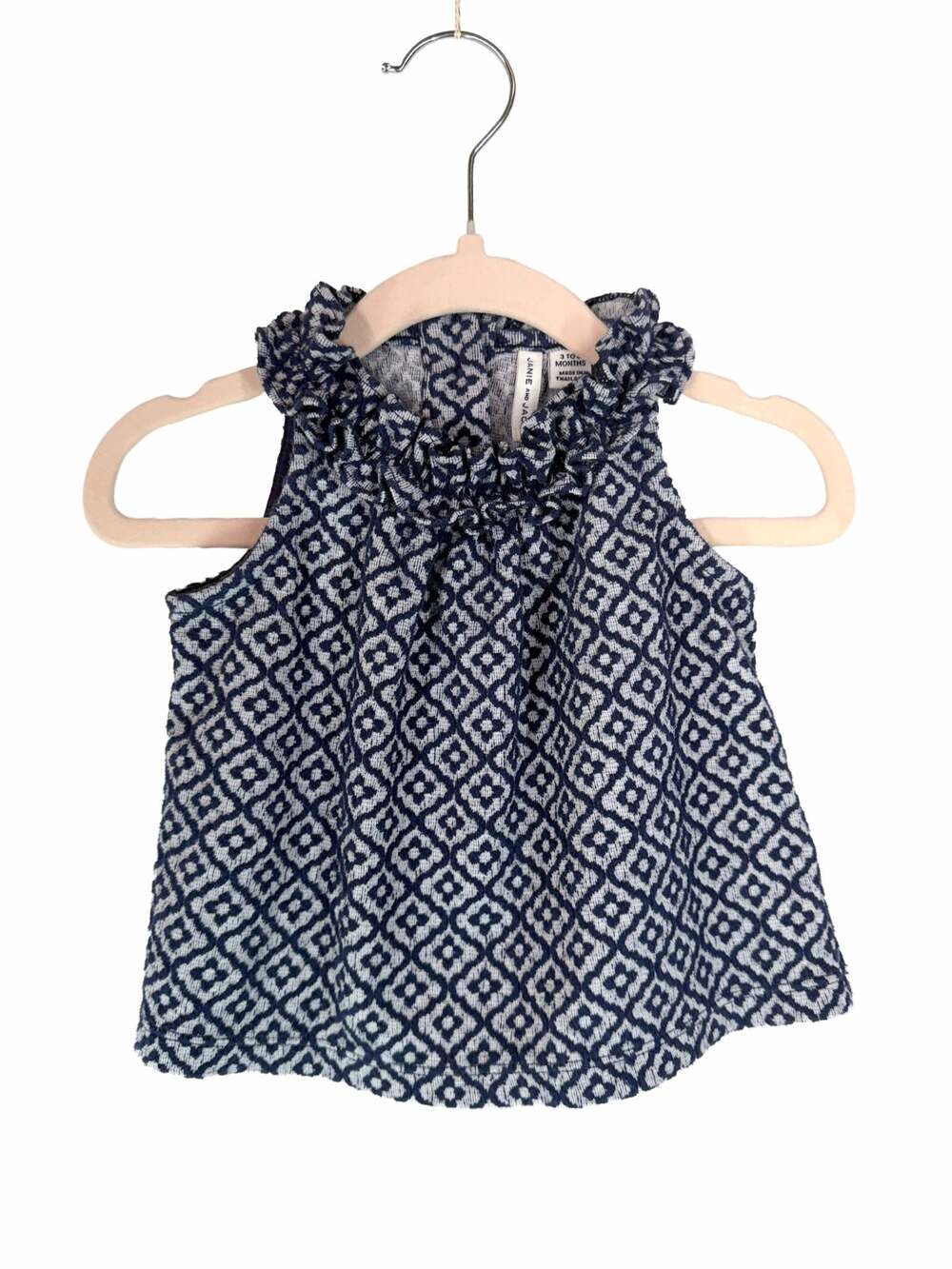 Janie and Jack Baby Girls Navy Geo Print Ruffle Neck Sleeveless Top